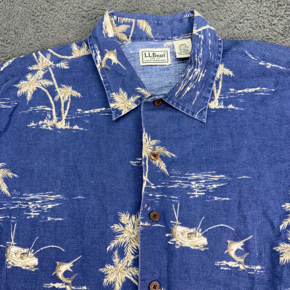 LL Bean Button Down Shirt Mens M Tall Blue Tropical Palm Tree Linen Cotton Blend